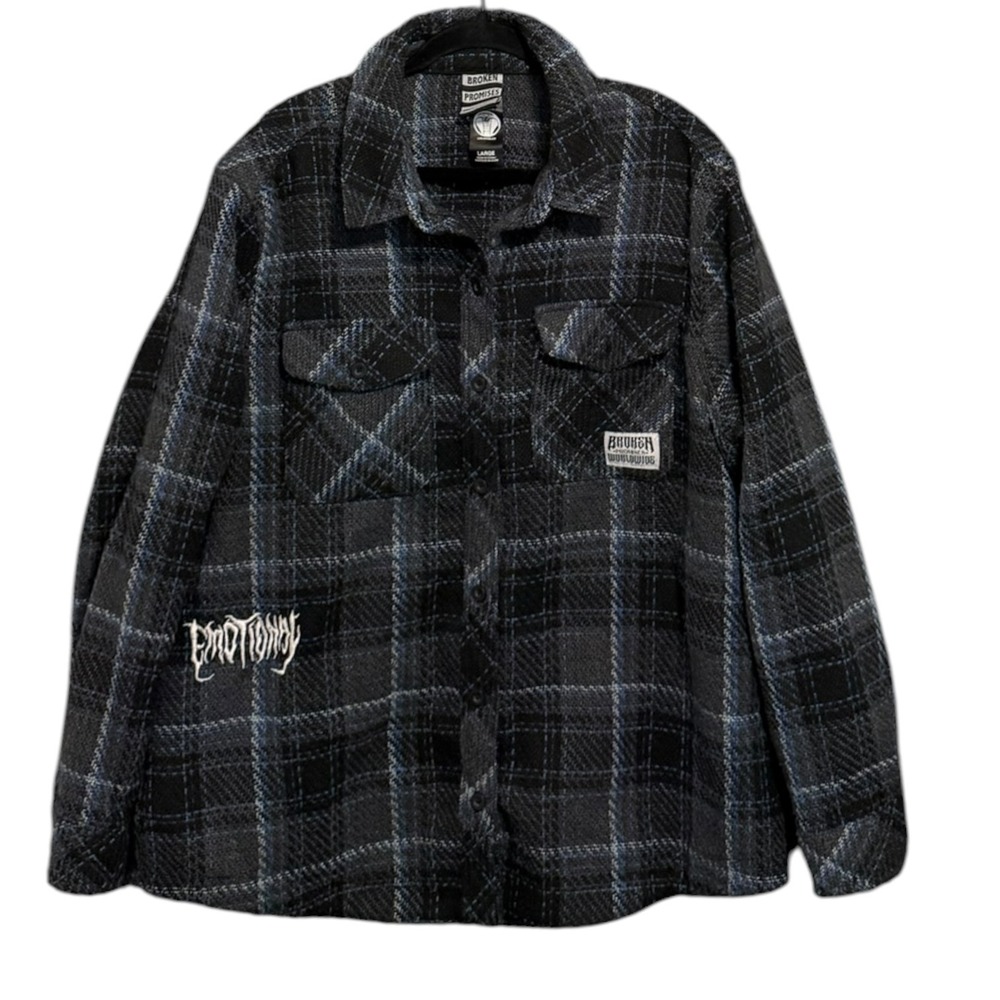 Broken Promises Hitchhiker Plaid Flannel Shirt Jacket Black Blue Embroidered L